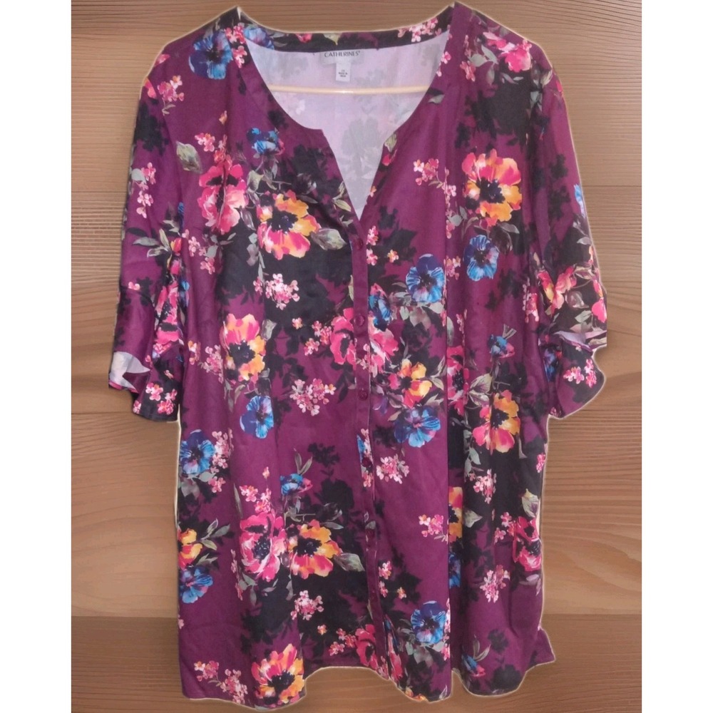 Catherines Womens Blouse Sz 2X Floral Whimsigoth Tunic Boho Cottage Romantic